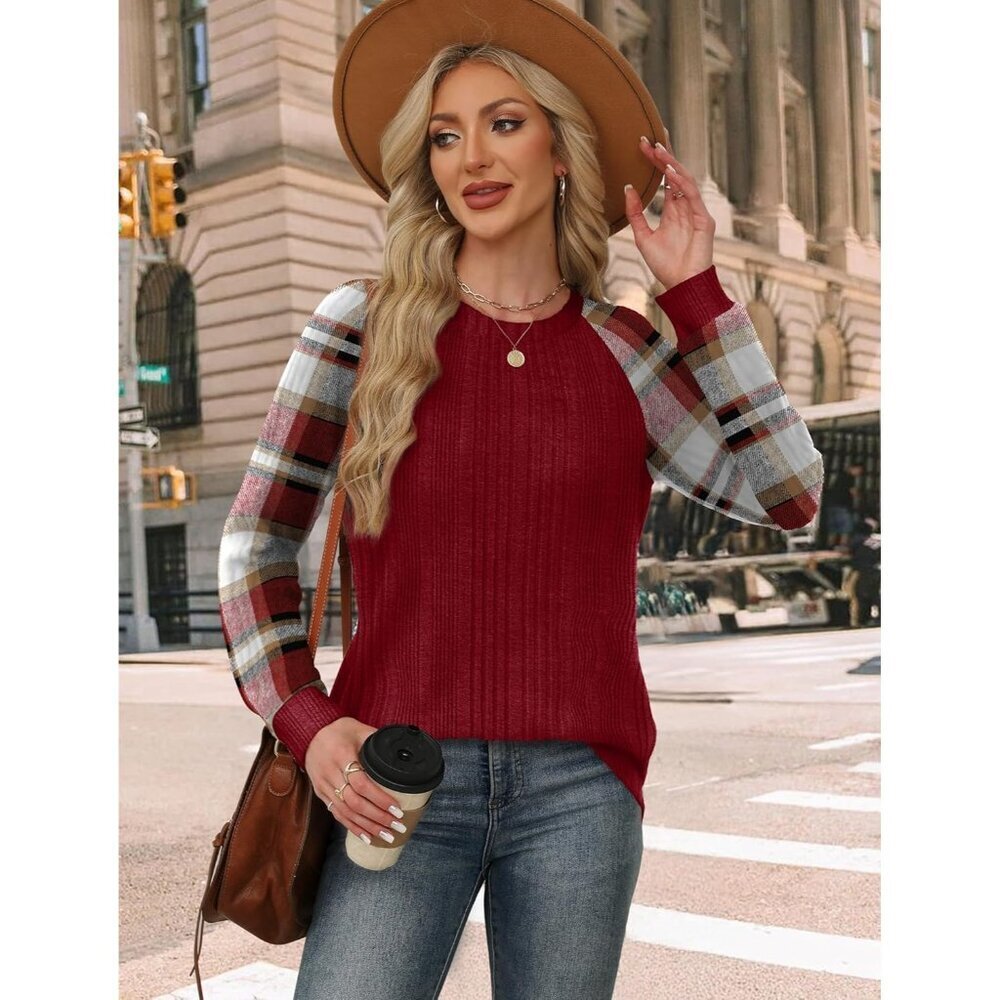 Women's Red Plaid Stripes Color Block Long Sleeve Shirt Lightweight Sweater - Picture 4 of 5